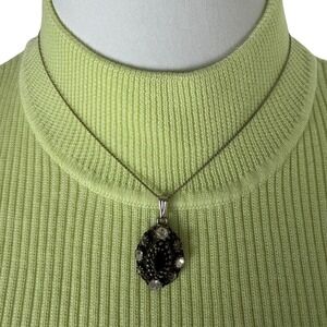 Graziano Vintage Style Black Rhinestone Oval Pendant Necklace Silver Tone 18"